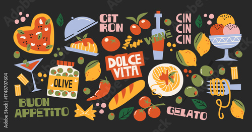 Italian food and culture stickers set in retro cartoon style. Food and drink: pizza, pasta, wine, tomato. Illustration in funky, doodle style, trendy labels set.
