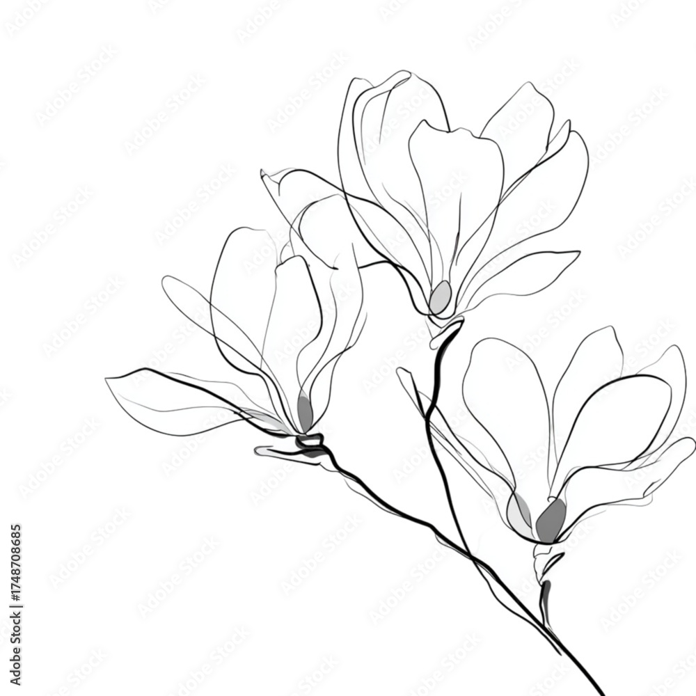 Obraz premium Minimalist black and white line art of three magnolia flowers.