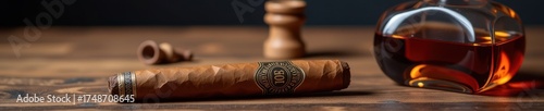 Cuban cigar and cognac bottle rest on rich dark wood, creating a sophisticated still life, tobacco, dark, cognac