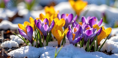 Delicate purple and yellow crocus blossoms emerge from the melting snow, announcing the arrival of spring, background, seasonal