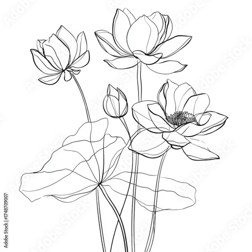Elegant black and white line art sketch of lotus flowers.