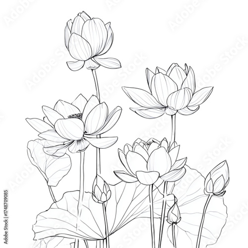 Hand drawn sketch of beautiful lotus flowers and leaves.