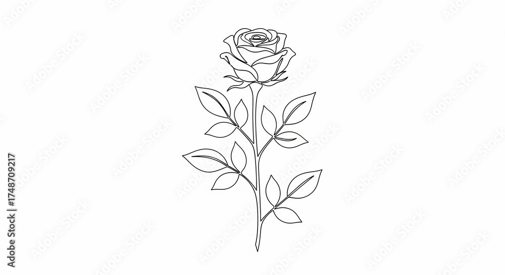 Obraz premium Elegance in Simplicity: A detailed monochrome line drawing of a single rose blossom on a delicate stem, exuding timeless beauty and grace.