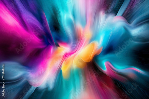 Dynamic energy burst of vivid paint-like colors in swirling motion on dark backdrop. Abstract modern art concept with intense motion and space for bold copy or statement design.