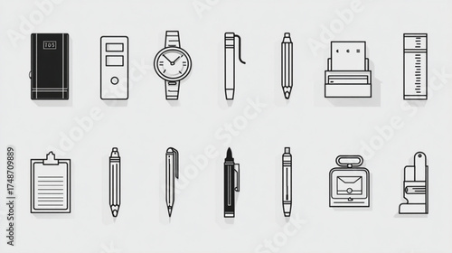 Office supplies and stationery equipment icon set in thin line style.