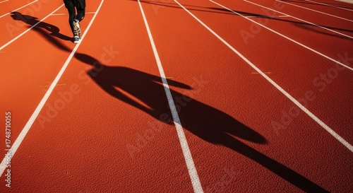 Solitary Runner Shadow Stretching Long Across Running Track Emphasizing Loneliness and Perseverance in Athletics Competition Fitness and Individual Drive on Textured Red Surface