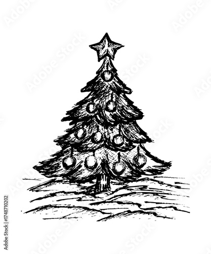 Christmas tree Vector illustration, black Christmas tree clipart on white background. Holiday tree hand draw in black, xmas tree isolated.
