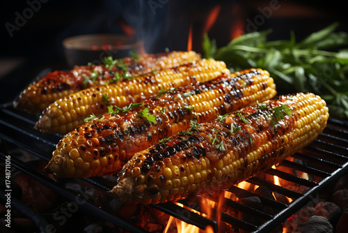 Grilled corn on the cob with herbs and spices, sizzling on a barbecue grill at night