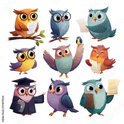 Set of cute cartoon owls as wise students and teachers.