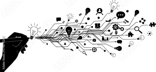 Vector Silhouette Hand Drawing Lightbulb Idea Network - Innovation