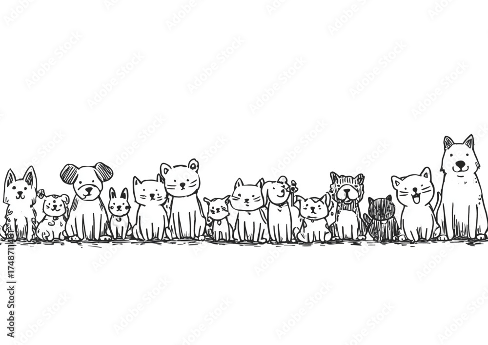 Fototapeta premium Whimsical group of hand drawn cats and dogs sitting in a row.