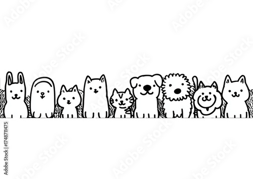 Hand drawn doodle of cute cartoon pets in a row.