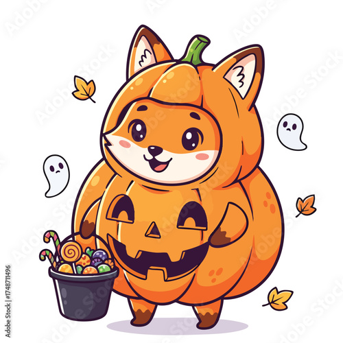 Cute Cartoon Fox Character Wearing a Pumpkin Costume 