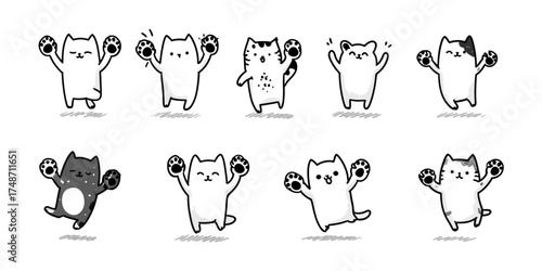 Set of cute hand drawn doodle cats showing their paws.