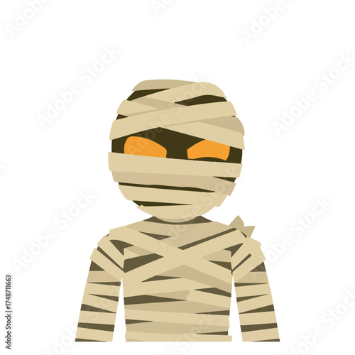 Simple Mummy Cartoon in a Modern Flat Design, a Spooky Halloween Character with Glowing Orange Eyes, an Ancient Egyptian Monster for a Holiday Party, Isolated Vector Illustration.