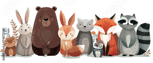 Adorable group of woodland animals standing together in a cute illustration.