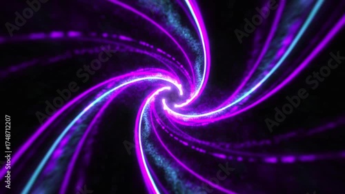 Abstract Neon Purple Cyan Spiral Vortex Light Trails Motion Background, Isolated on Black Background