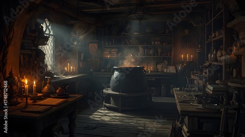Magical Witch Lab with Glowing Potions and a Bubbling Cauldron