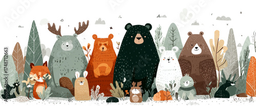 Adorable gathering of woodland animals including bears moose and a fox.