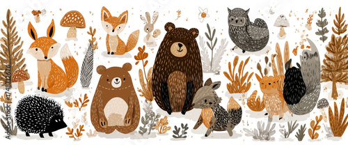 Adorable collection of hand-drawn woodland animals in a charming style.