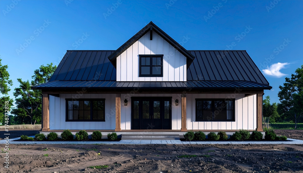 custom made wallpaper toronto digitalWhite farmhouse style barndominium exterior with black trim and dark gray roof under clear blue sky daylight