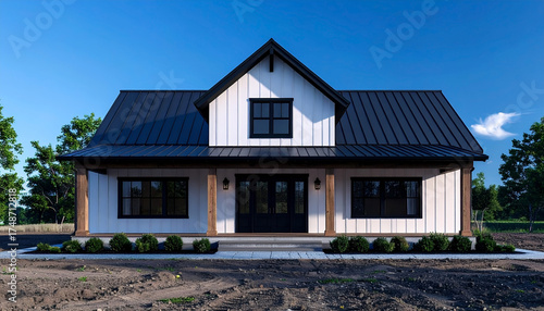 Wallpaper Mural White farmhouse style barndominium exterior with black trim and dark gray roof under clear blue sky daylight Torontodigital.ca