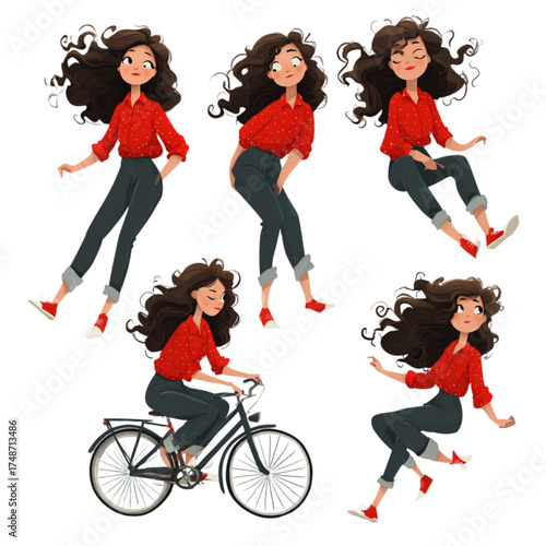 Character design set of a stylish young woman with curly hair in various poses.