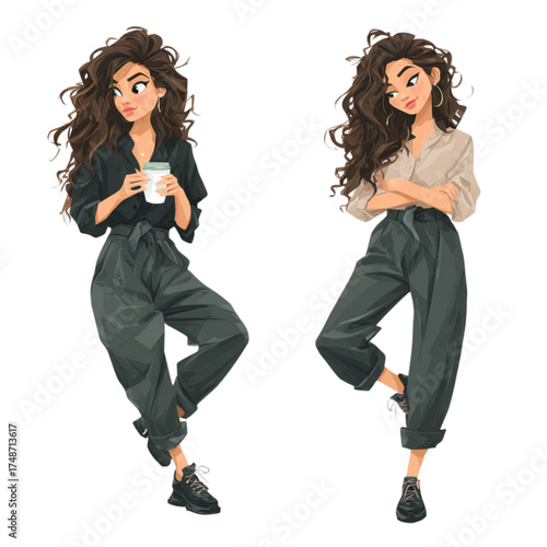 Set of two character illustrations of a stylish young woman.