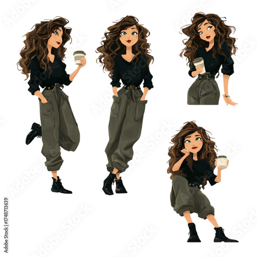 Stylish cartoon girl with long curly hair in various poses.