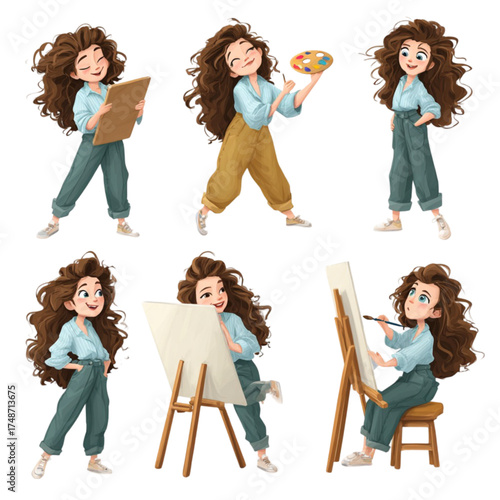 Set of cute cartoon female artist character illustrations in various poses.