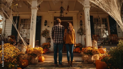 Young Couple Admiring Halloween Decorations on a Classic American House Porch with Pumpkins, Mums, and Spiderwebs in Autumn.