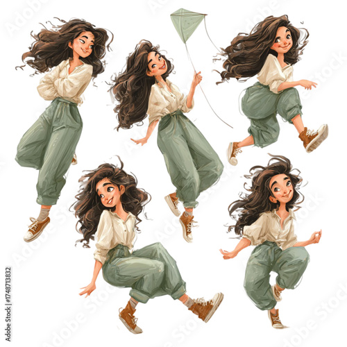 Character sheet of a joyful young woman with long flowing hair in various poses.