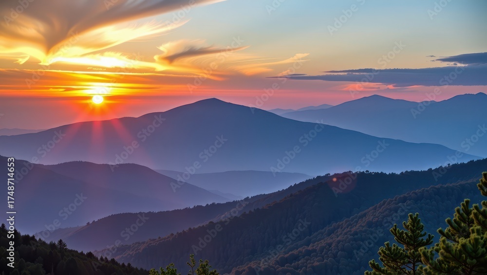 Obraz premium Misty sunrise paints the Smoky Mountains peaks in soft, ethereal light, revealing layers of blue and purple hues as the sun crests the horizon, sunrise, majestic