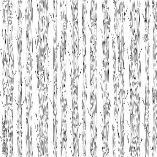 Detailed monochrome illustration of a tree bark texture with deep grooves and intricate patterns shown vertically