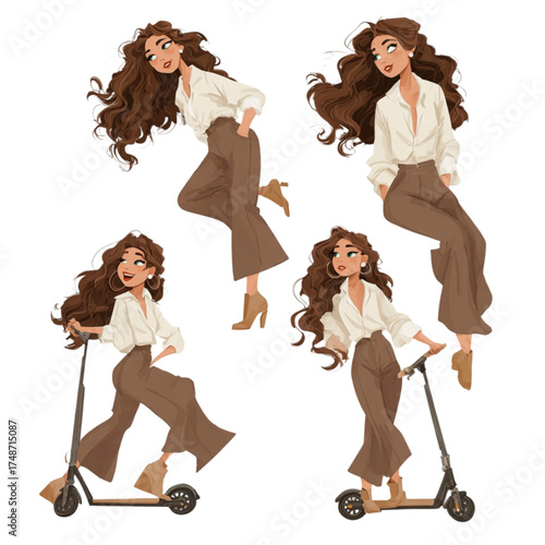 Stylish cartoon woman character set in various poses with a scooter.