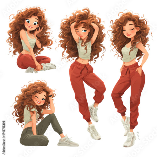 Set of character illustrations of a cute girl with voluminous curly hair.
