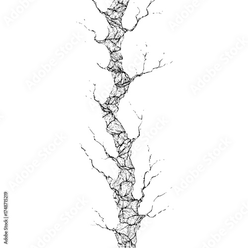 A monochrome drawing of a central organic structure with branching lines on a white background art piece