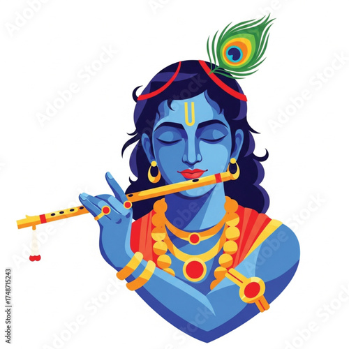 lord Krishna playing flute on white background