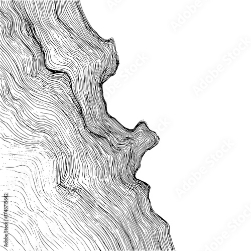 Close up illustration of a tree trunk with rough bark texture in black and white detailed drawing style