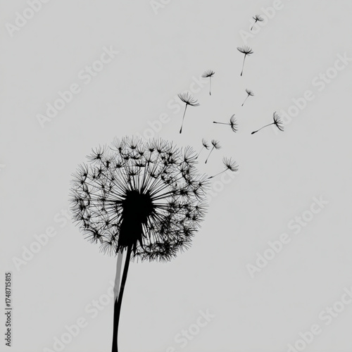 Monochrome dandelion with seeds blowing away in the wind.