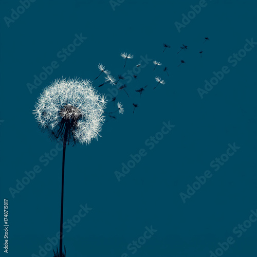 A single white dandelion dispersing its seeds into the air.