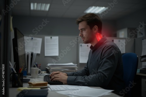 Young caucasian male experiencing neck pain in office setting.