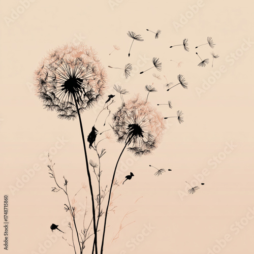 Two delicate dandelion flowers with seeds blowing in the wind.