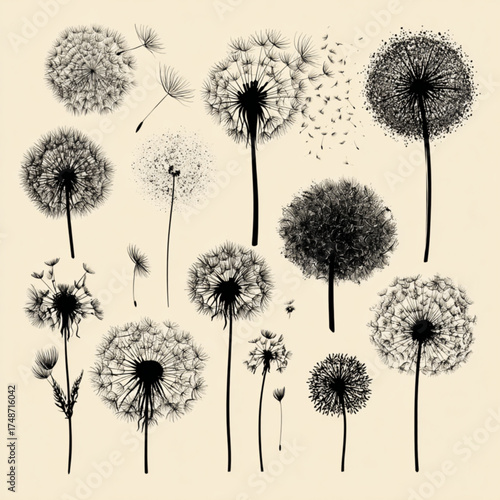 Collection of dandelion silhouettes with blowing seeds illustration.