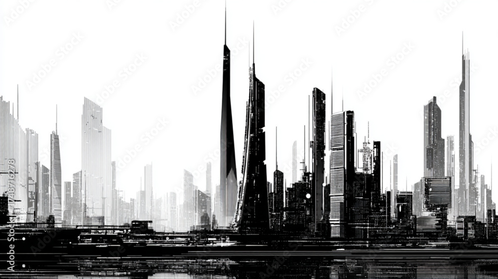 Fototapeta premium Monochrome illustration of a modern metropolis with futuristic architecture.