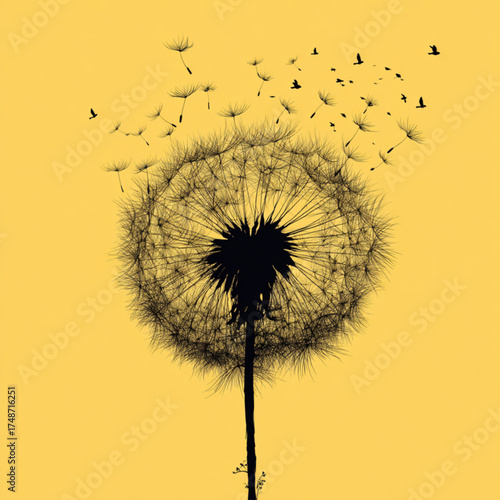 Silhouette of a dandelion clock with seeds blowing in the wind.