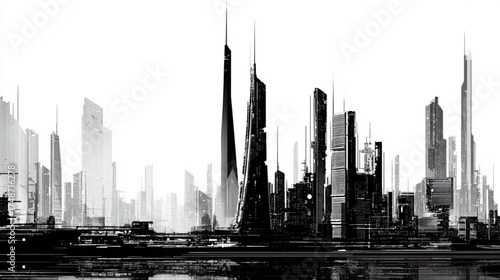 Monochrome illustration of a modern metropolis with futuristic architecture.