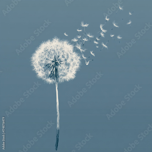 A delicate white dandelion dispersing its seeds into the air.