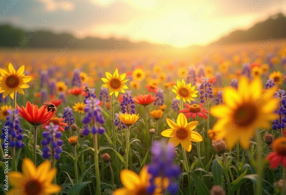 Obraz premium Vivid Wildflower Field Transformative Meadow Abundance Captivating Colors and Textures at Height of Growth