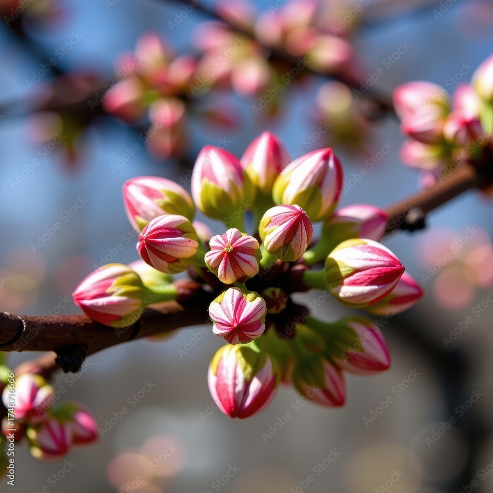 Fototapeta premium Close-up of delicate, swollen buds on a tree branch, hinting at the promise of spring's new growth, tree, woodland